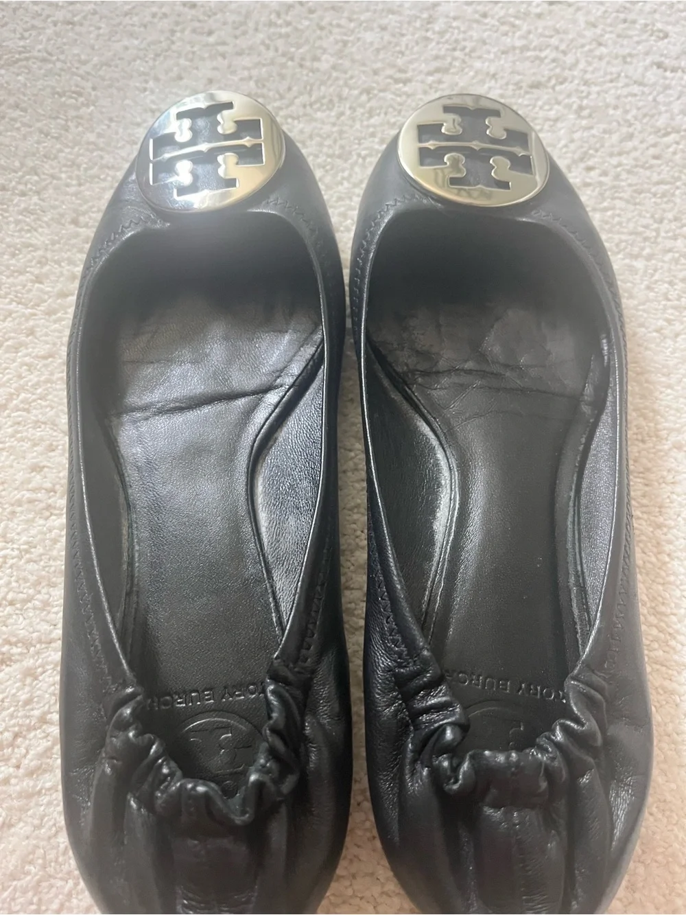Tory Burch Black Leather Ballet Flats with Silver Logo Medallion